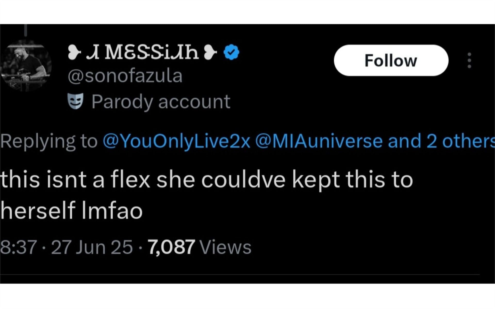 A netizen's reaction to M.I.A's remark, (Photo via X/@sonofazula)